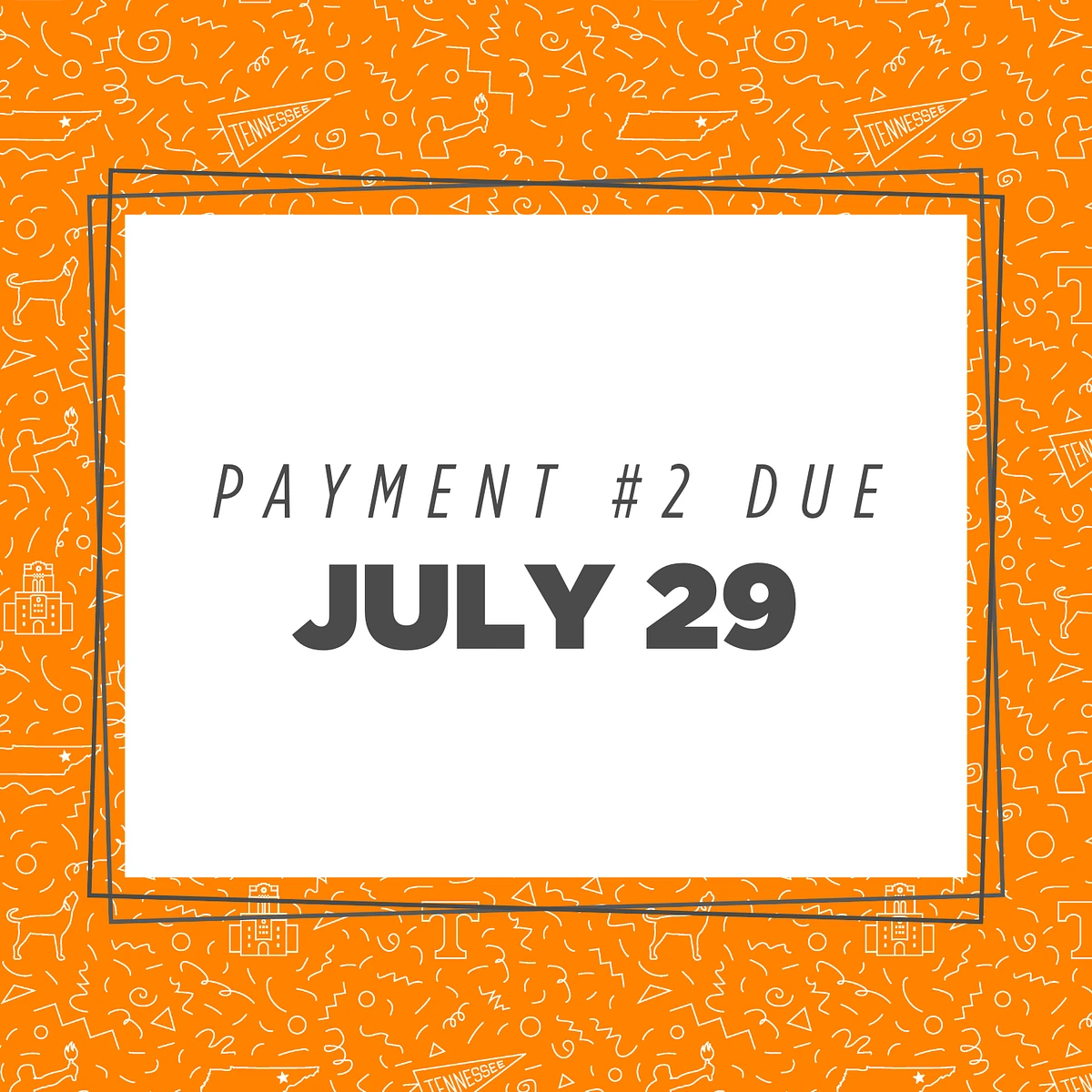 The image features a dark gray box with the text "Payment #3 Due March 28" against a background filled with various doodles and hand-drawn elements.